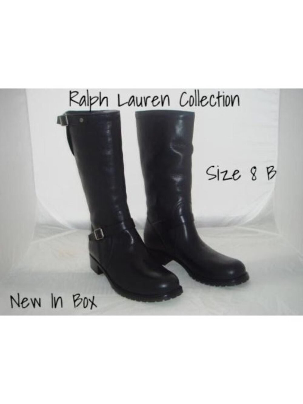Ralph Lauren Black Leather Motorcycle Boots Size 8B - New in Box
